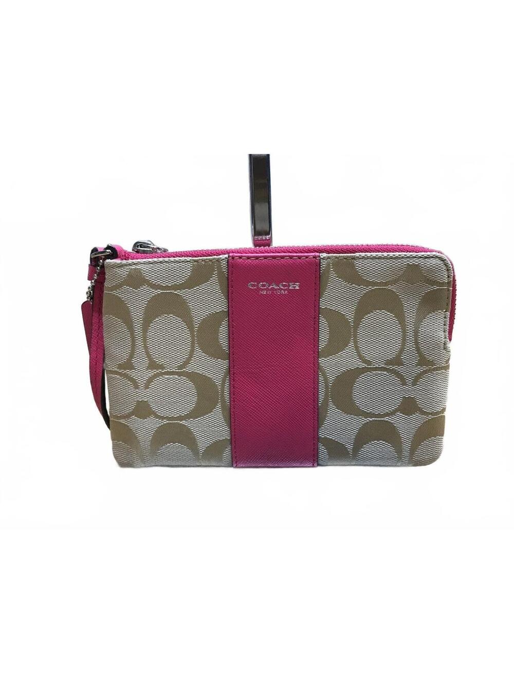 Coach Pink And Khaki Signature Stripe Canvas Leather Wristlet Wallet